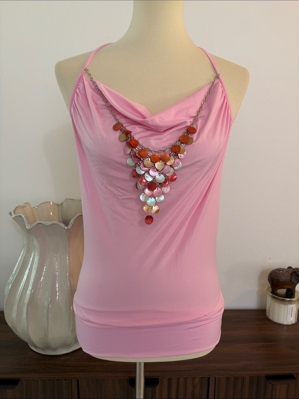 NWOT Light Pink Cowl Neck Camisole with Removable Decorative Disc Chain Sz Large